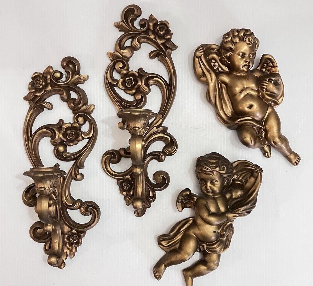 Vintage Homco Floral Scroll Wall Sconce Candle Holders Set & Gold Cherub Pair